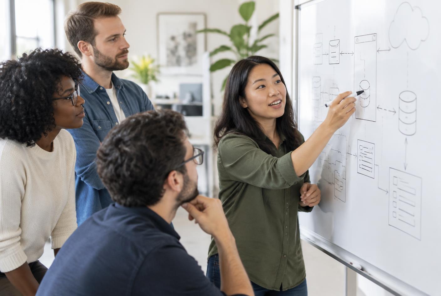 Four colleagues reviewing a system architecture diagram drawn on a whiteboard
